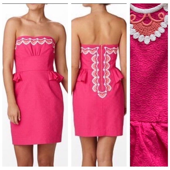 Lilly Pulitzer Azalea Pink Strapless Embroidered Peplum Maybell Dress 4 - Picture 1 of 16